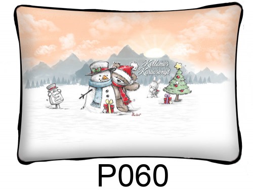 (P060) Párna 37 cm x 27 cm - Maci és hóember – Karácsonyi ajándékok